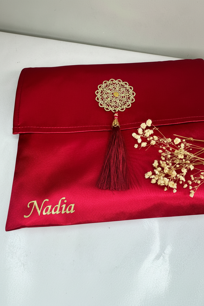 Pochette rouge avec Nadia en bas à gauche