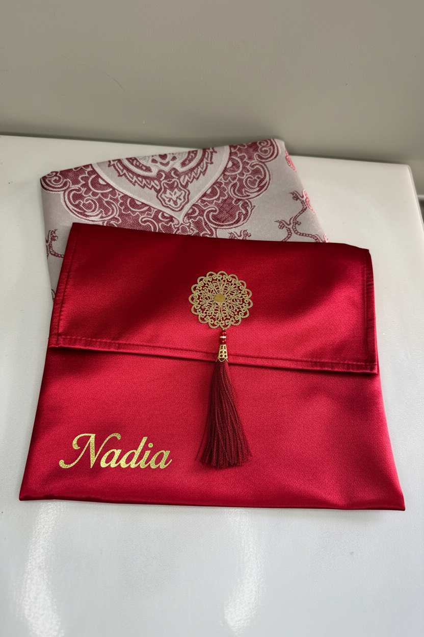Pochette rouge avec Nadia et enveloppe